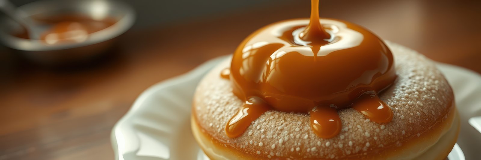Delicious dessert featuring a donut topped with warm caramel sauce and sprinkled with powdered sugar